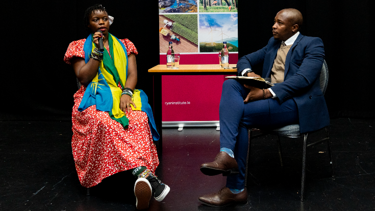 Ineza Umuhoza Grace speaking with PhD researcher Tomy Ncube, University of Galway